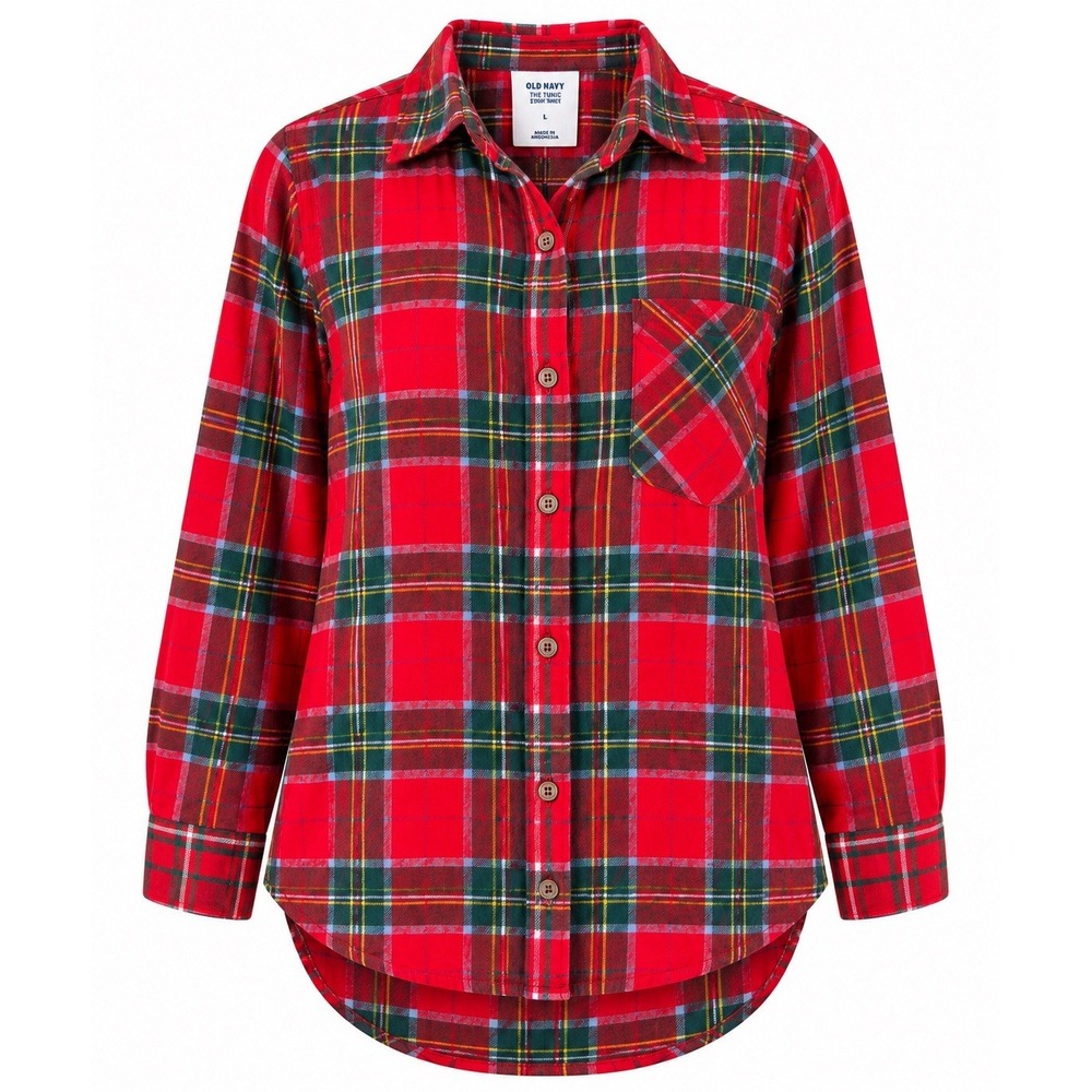 Old Navy The Tunic Shirt Women L Red Green Plaid Flannel Christmas Tartan